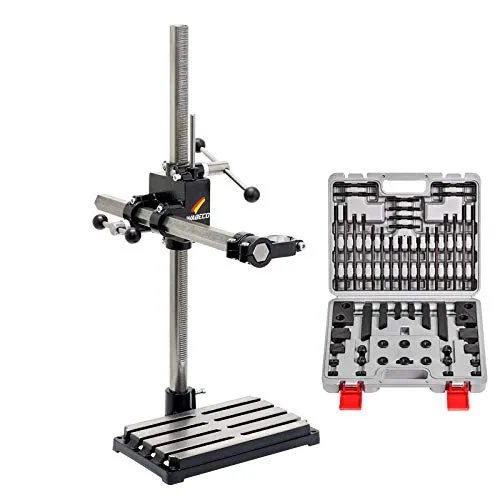 WABECO Bohrständer Fräsständer BF1243 mit Spannpratzen Satz 58-teilig, 2 Zustellachsen vertikal/horizontal Säule 750 Ausleger 500 mm Made in Germany