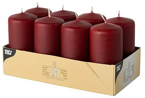 STARPAK 8 Stumpenkerzen bordeaux - Vielseitige Stumpenkerzen für behagliche Atmosphäre. Mit 10 cm Höhe und 5 cm Durchmesser bieten sie eine lange Brenndauer von 16 Stunden. Ideal für Dekoration und besondere Anlässe.