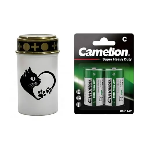 Fachhandel Plus LED Grablicht Katze, batteriebetriebenes Gedenklicht mit flackernder LED Flamme als sicherer Grabschmuck für Tiergrab und Gedenkplatz - ewiges Licht (Weiß, Kopf Herz Pfote)