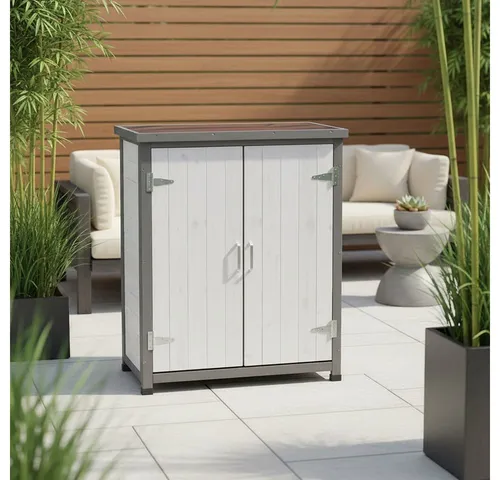 Gartenschuppen Geräteschrank Weiß - Praktischer Aufbewahrungsschrank für Gartenutensilien - Geräteschuppen aus wetterfestem Fichtenholz mit modernem Design in Weiß/Grau. Ideal zur Aufbewahrung von Gartengeräten, schützt vor Witterungseinflüssen und sorgt für Ordnung im Garten.