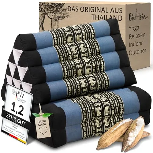 livasia Thaikissen mit 2 Auflagen - 120x50x8cm - Handgefertigtes Dreieckskissen für Entspannung - Vielseitiges Thaikissen mit zwei faltbaren Auflagen für individuelle Entspannung. Ideal für Yoga, Meditation oder gemütliche Stunden im Freien. Handgefertigt aus nachhaltigem Kapok, bietet es Komfort und Stil in jedem Raum.