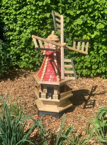 Gartenwindmühle XXL aus Holz mit drehbaren Flügeln und Holzschindeldach