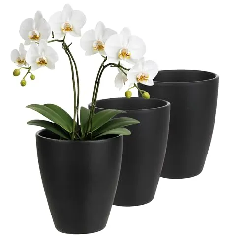 Orchideentopf aus Keramik Ø 13,5 cm x 17 cm hoch – mit Erhöhung für optimale Belüftung – Übertopf für Orchideen – 3 Farben – langlebig & stilvoll – Blumentopf für Innenbereich (Anthrazit) 3 x