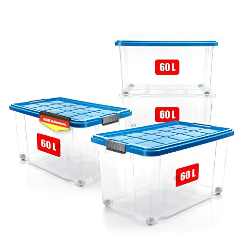BigDean 4 Stück 60 L Aufbewahrungsbox mit Deckel groß azurblau - Robuste und rollbare Aufbewahrungsboxen, perfekt für Haushalt und Garten. Ideal zur platzsparenden Aufbewahrung von Spielzeug, Kleidung und mehr. Made in Germany für höchste Qualität.