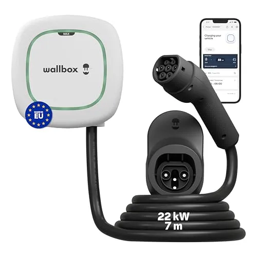 Wallbox Pulsar Max 22kW für Elektroauto, Ladegerät für EV/PHEV, 7m Kabel | Max 32Amp, Smart EV Ladegerät Typ 2 mit App, WiFi & Bluetooth, EV Charger