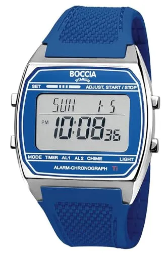 Boccia Digitaluhr Titan Blau 3738-02 - Moderne Unisex-Digitaluhr aus Titan mit vielfältigen Funktionen wie Stoppuhr und Alarm. Ideal für den Alltag und sportliche Aktivitäten dank leichtem Kunststoffarmband.