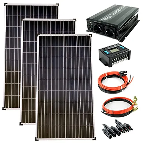solartronics Komplettset 3x130 Watt Poly Solarmodul NM 1500 W Spannungswandler 30A Laderegler blau Photovoltaik Inselanlage