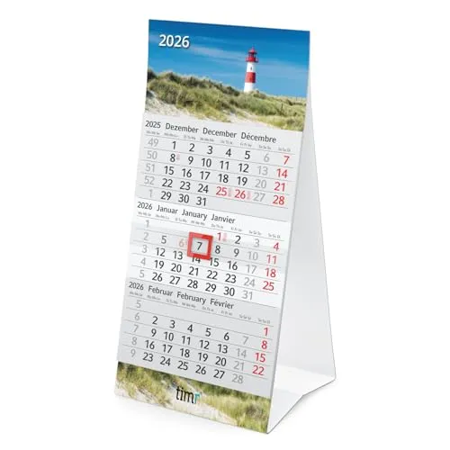 Timr Tischkalender 2026 klein zum Aufstellen - 3 Monatskalender mit Schieber - Kalender für Tisch Büro - Motiv Leuchtturm I tr357