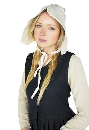 Leonardo Carbone® Damen Kopfbedeckung Mittelalter-Bundhaube Claire | Kapuzenartiger Schnitt | Lange Bänder | Karneval, Halloween, Cosplay, LARP, Haube, Hut, Mütze | 100% Baumwolle Natur