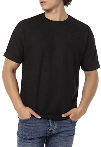 T-Shirt für Herren Kurzarm Basic mit Krempelärmel Schwarz M