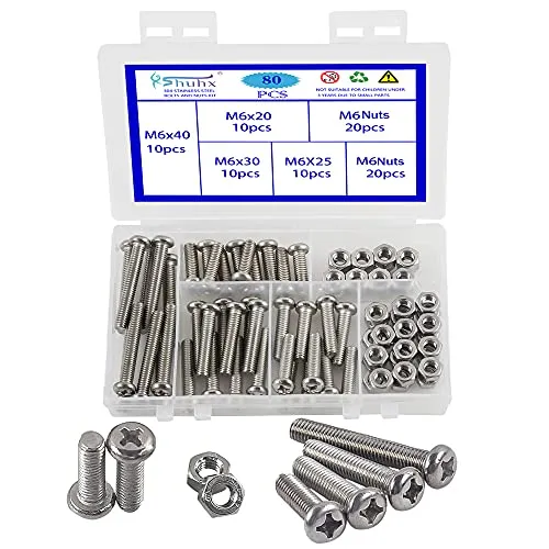 Rshuhx 80PCS M6 Schrauben und Muttern Set 304 Edelstahl Linsenkopfschraube Kreuz Runder Kopf Mechanische Schraube Pan Head Bolzen Maschinenschrauben mit Aufbewahrung Box