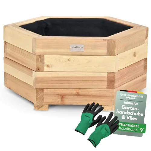 holz4home® Outdoor Pflanzkübel S I 6-Eckig aus Tannenholz - Garten-Zubehör mit hochwertigem Tannenholz, ideal für Garten und Terrasse, inklusive Gartenhandschuhe und Vlies für eine einfache Pflege.