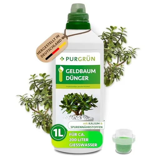 Purgrün® Geldbaum-Dünger 1 Liter – Nährstoffkonzentrat für gesunde Pflanzen - Dünger mit Spurennährstoffen für gesundes Wachstum. Extra Kalium fördert die Widerstandskraft und reduziert Trockenstress. Ergiebig für bis zu 400 Liter Gießwasser – ideal für Geldbaum und andere Pflanzen.