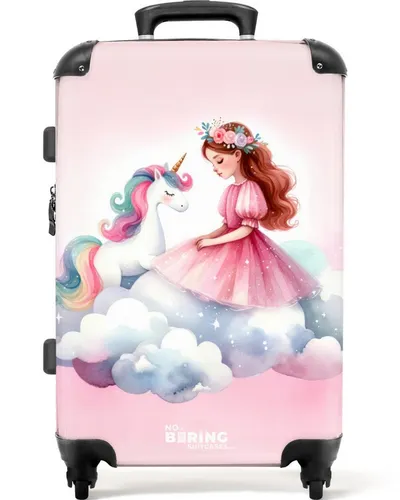 NoBoringSuitcases.com© Kinderkoffer mit leuchtende Räder - Rosa Prinzessin und Einhorn auf einer Wolke 67, 4 Rollen, Reisetasche mit rollen für 20kg, Koffer für Mädchen, Reisekoffer