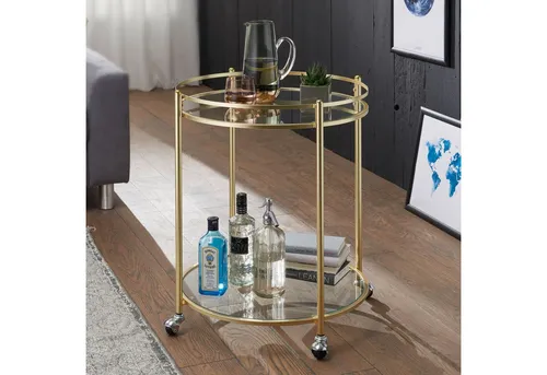 FINEBUY Servierwagen FB49689 - Design Teewagen Gold Ø 57 cm - Beistellwagen mit elegantem goldenen Gestell und klaren Glasplatten. Ideal für die stilvolle Präsentation von Getränken oder Snacks, perfekt für jeden Einrichtungsstil.