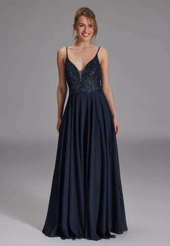 Hey Kyla Abendkleid mit Paillettenbesatz in Dunkelblau, Größe 36 - Elegantes Abendkleid aus fließendem Chiffon mit femininer Silhouette und V-Ausschnitt. Die funkelnden Pailletten setzen Akzente und machen es perfekt für besondere Anlässe.
