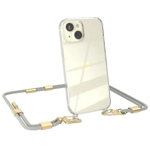 EAZY CASE - Handykette mit Karabiner kompatibel mit iPhone 15 - Hülle Silikonhülle Fallschutz transparente Handyhülle Kette zum Umhängen Schutzhülle in Taupe - Clips Gold