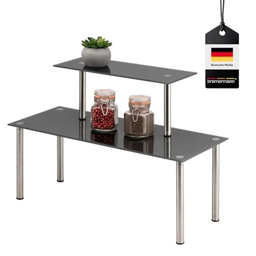 bremermann Küchenregal mit Glasplatten und Edelstahlfüßen - Vielseitiges Regal für Küche und Büro, schafft mehr Stauraum und Ordnung, leicht zu reinigen, einfache Montage, ideal für Gewürze und Utensilien.