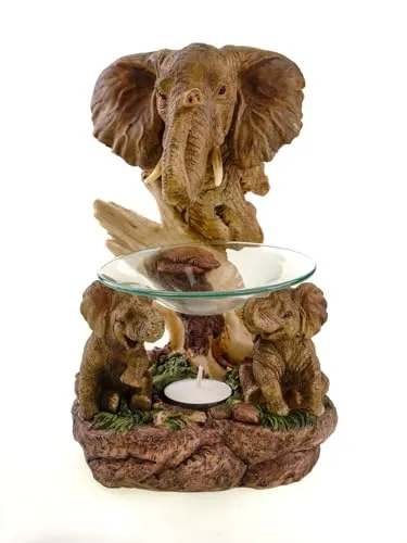 Kremers Schatzkiste XXL Elefanten Duftlampe - Handbemalte Figur Teelichthalter mit Glasschale Elefantenfamilie 24x15x13 cm - Deko für Wohnzimmer & Geschenkidee