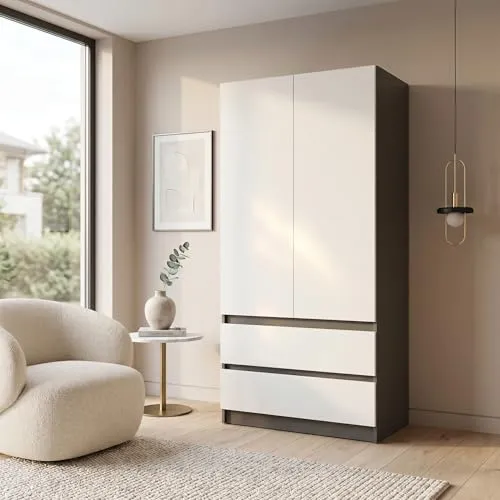 Happy Babies Kleiderschrank Zweifarbig 90 cm Anthrazit/Weiß | Moderner Drehtürenschrank mit 2 Schubladen
