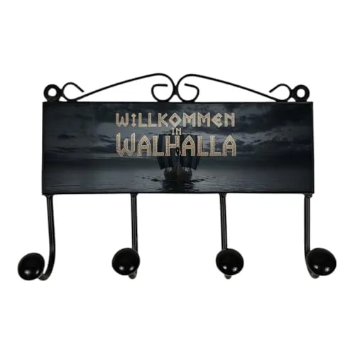 speecheese Willkommen in Walhalla Kleiderhaken Leiste mit 4 Haken Wikingerschiff Lustige Garderobenleiste mit Wikinger-Spruch für Wand
