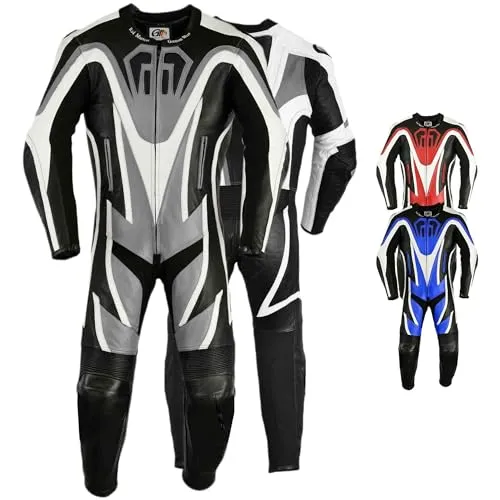 German Wear Einteiler Motorradkombi - Gr. 52/L, Grau - Hochwertige Motorrad Lederkombi aus echtem Rindsleder mit Rückenhöcker für optimalen Schutz. Praktische Reißverschlüsse an Ärmeln und Hosenbeinen erleichtern das An- und Ausziehen.