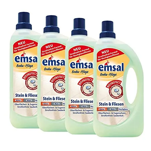 4X emsal Boden-Pflege Stein & Fliesen 1 Liter – Effektiver Oberflächen- und Fugenschutz - Ideal für offenporige Steinböden und Fliesen, schützt und pflegt die Oberflächen zuverlässig. Perfekt auch für die Pflege von Grabsteinen. Lieferung umfasst 4x 1 Liter Flaschen.