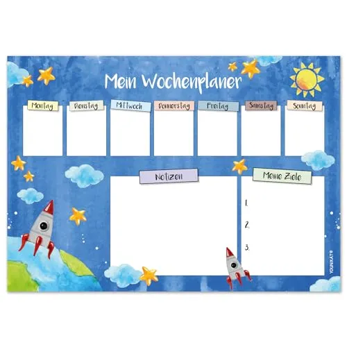 Schreibtischunterlage Weltraum aus Papier in DIN A3 I 25 Blatt I Kinder Wochenplaner I zum beschriften und Abreißen I Weltall Rakete I dv916