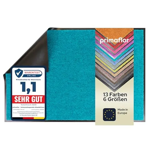 Primaflor Schmutzfangmatte CLEAN – Türkis, 40x60 cm | Saugstarke, Schwer entflammbare Fußmatte | Rutschfester Türvorleger für Innen | Türmatte für Eingangsbereich | Sauberlaufmatte mit Gummirand