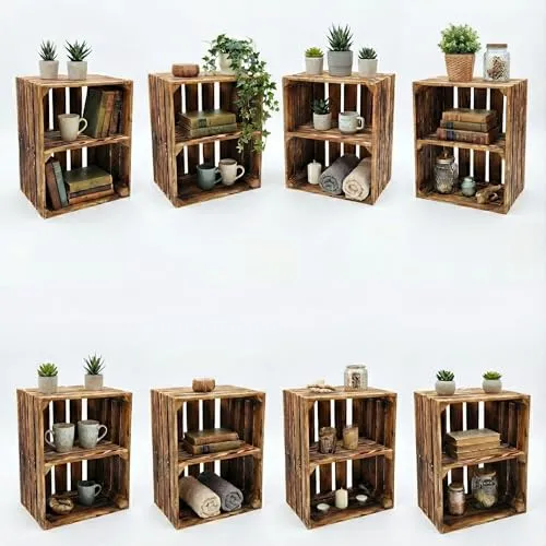 Massive Holzkisten als Schuhregal / Bücherregal LEICHT GEFLAMMT - Vielseitiges Bücherregal aus geflammtem Holz (50x40x30cm) mit Zwischenbrett – ideal für Wohnzimmer, Schlafzimmer oder Flur. Platzsparend und robust, jede Kiste ist ein einzigartiges Unikat.