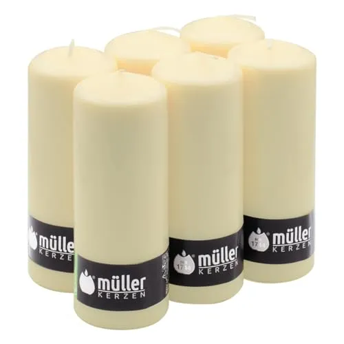 Müller KERZEN Müller Hohe Stumpenkerzen – Set mit 6 unparfümierten Elfenbeinkerzen in Großpackung – 6,8 x 18 cm – 60 Stunden langlebige Dekorkerzen – tropffreies Wachs