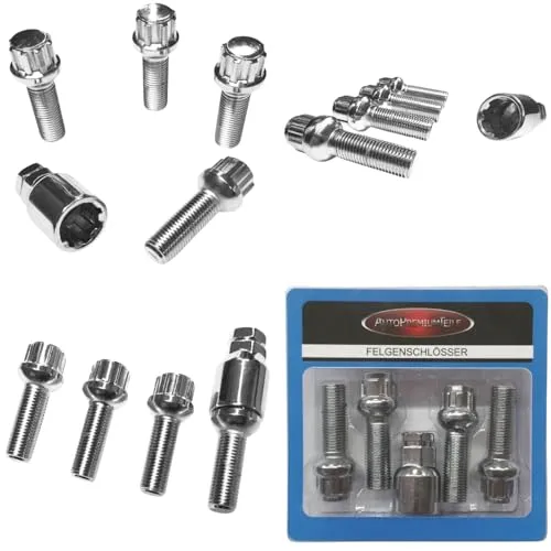 Felgenschloss M14x1,5x35mm Kugelbund R14 kompatibel mit Audi Bentley Ford Porsche Seat VW 4x silberne Felgenschlösser Felgensicherungen Radsicherungen Felgen-Diebstahlsicherung Radschrauben Radbolzen