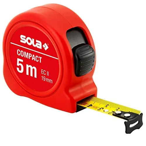 SOLA COMPACT - Bandmaß 5m / 19mm - Taschenbandmaß mit Gürtelclip - Stahlband, gelb lackiert mit mm Skala - Genauigkeitsklasse II - Rollmeter mit beweglichem Endhaken - Metermaß Länge - 3m, 5m, 8m