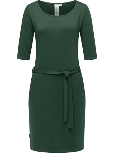 Ragwear Damen 3/4-Arm Kleid Midikleid Elegantes Blusenkleid mit Taillenband Kenisha Pine Green Gr. M
