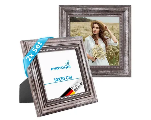 PHOTOLINI Barock-Bilderrahmen 10x10 cm Silber Antik, 2er Set - Wand- & Tischbilderrahmen im klassischen Barock-Stil mit feinen Details, ideal für Portraits und Hochzeitsfotos. Hochwertig mit Echtglas, einfach aufzuhängen oder aufzustellen, Made in Germany.