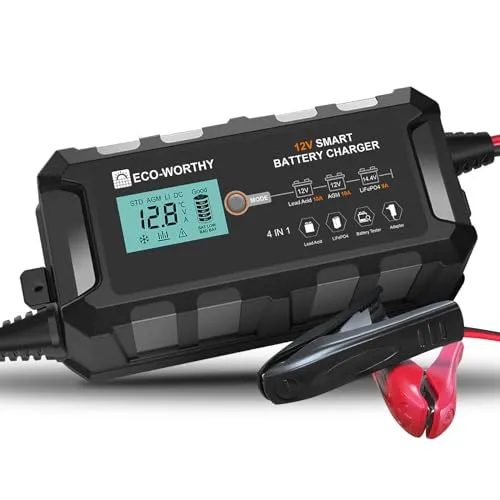 ECO-WORTHY 10A Autobatterie Ladegerät LiFePO4 Ladegerät 12V Erhaltungsladegerät mit Aktivierung der Lithium-Batterie für Auto LKW Motorrad Rasenmäher Boot Marine Batterien