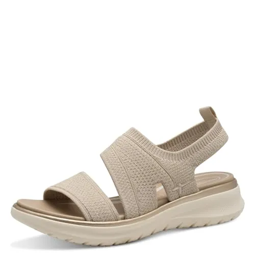 Tamaris Comfort Damen Sandalen flach zum Schlupfen Vegan, Mehrfarbig (Beige/Gold) - Wanderschuhe mit extra leichter Sohle für unbeschwertes Laufgefühl und herausnehmbarer Einlegesohle für individuellen Komfort – 100% vegan und ideal für stilbewusste Trägerinnen.