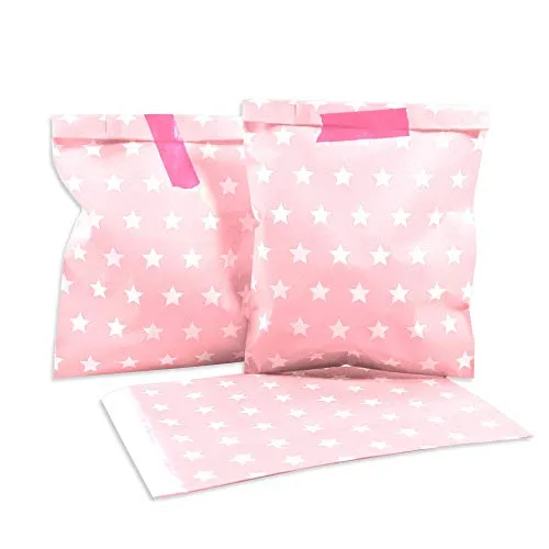 Frau WunderVoll® 25 PAPIERTÜTEN ROSA, Sterne 13 x 16,5 cm, 45 Gramm Papier, flach / Candy Bar, Hochzeit, Kindergeburtstag, Papiertütchen, Candybag, Tüten, Mitgebseltüten