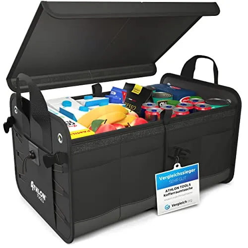 ATHLON TOOLS Premium Kofferraumtasche - 60L XXL Organizer mit Deckel - Kofferraumtasche mit 60L Volumen, extra stabile & wasserfeste Böden, ideal für Ordnung im Auto, schützt vor Sonne und Regen.
