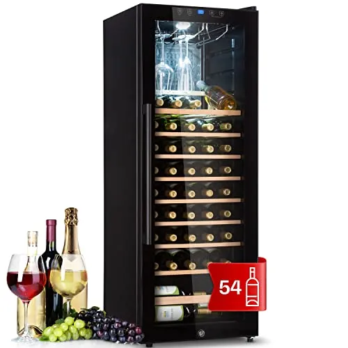 Klarstein Weinkühlschrank, Getränkekühlschrank Schmal, 1 Zone Kühlschrank mit Glastür, Getränkekühlschränke Freistehend, Weinkühlschrank Klein, Weinkühlschränke mit UV-Schutz, 4-18°C, 54 Flaschen