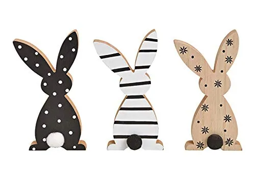 itsisa Hase mit Puschel aus Holz - Osterdeko, Frühlingsdeko, Osterhase, Deko Hase, Ostern (schwarzweiß)