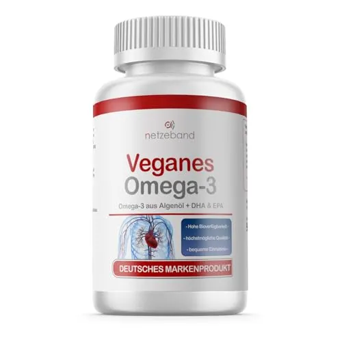 Omega-3 vegan Kapseln 90x - 2000 mg Algenöl pro Tag - hochdosiert mit 600mg DHA + 300mg EPA - hochwertige Omega-3 Algenöl Kapseln vegan - DHA:EPA Verhältnis 2:1 - laborgeprüft