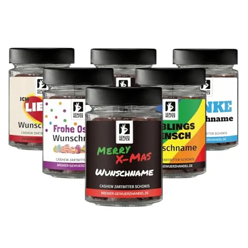Bremer Gewürzhandel Geschenkglas mit Namen: Cashew Zartbitter Schokis, personalisierte Schokolade, leckeres Geschenk mit Wunschnamen, 100g