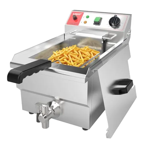 Valgus Kommerzielle elektrische Fritteuse aus Edelstahl 3000W 10L Großraum-Küchen-Fritteuse mit Korb und Deckel, Ablaufsystem