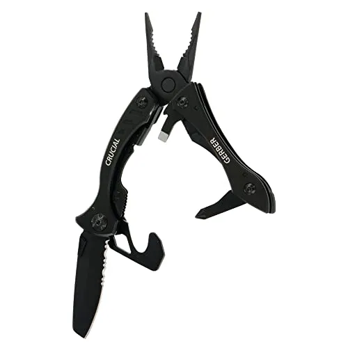 Gerber Multi-Tool mit 9 Funktionen und Gürtel-Clip, Crucial, Mit Gurtschneider und Liner-Lock-Verriegelung, Länge geöffnet: 9,1 cm, Schwarz, 31-001518