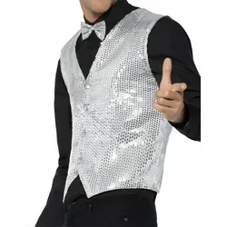 Smiffys Pailletten-Weste, Silber für Herren - Elegante Pailletten-Weste für Karneval und Halloween, leichtes Material für besten Tragekomfort, einfaches An- und Ausziehen dank Knöpfen, Größe M, perfekter Hingucker auf jeder Themenparty.