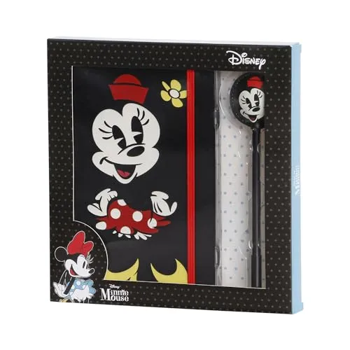 Disney Minnie Maus Face-Geschenkbox mit Tagebuch und Fashion Kugelschreiber, Schwarz, 22,4 x 23,2 cm