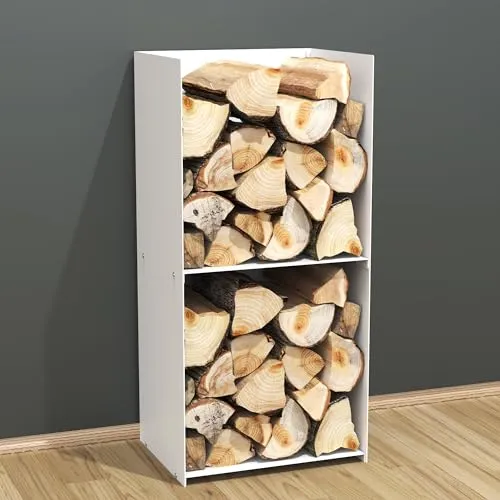 teileplus24 BHS9 Kaminholzregal Innen Außen | Brennholzregal Metall | Kaminholzkorb | Industrial Look, Modell:Weiß