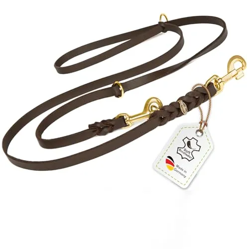 Hundeleine Leder 2m mittelgroße Hunde Fettlederleine [3-Fach Verstellbar] Lederleine geflochten – robuste Leine Hund mit Messingbeschlägen – Führleine Hund & Freihandleine – Dog Leash Braun 15mm