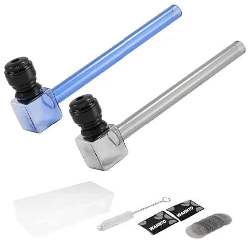 WANNTO 2er Set Glas Metall Pfeifen, 13.5cm Handpfeife aus hitzebeständigem Glas mit abnehmbarem Metallkopf, 10 Filter, Reinigungsbürste und Aufbewahrungsbox